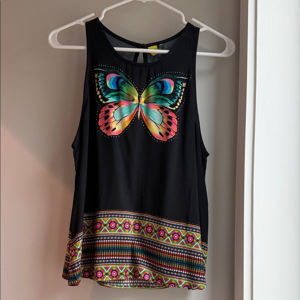 FARM Rio Black Tank Top with Vibrant Butterfly Design